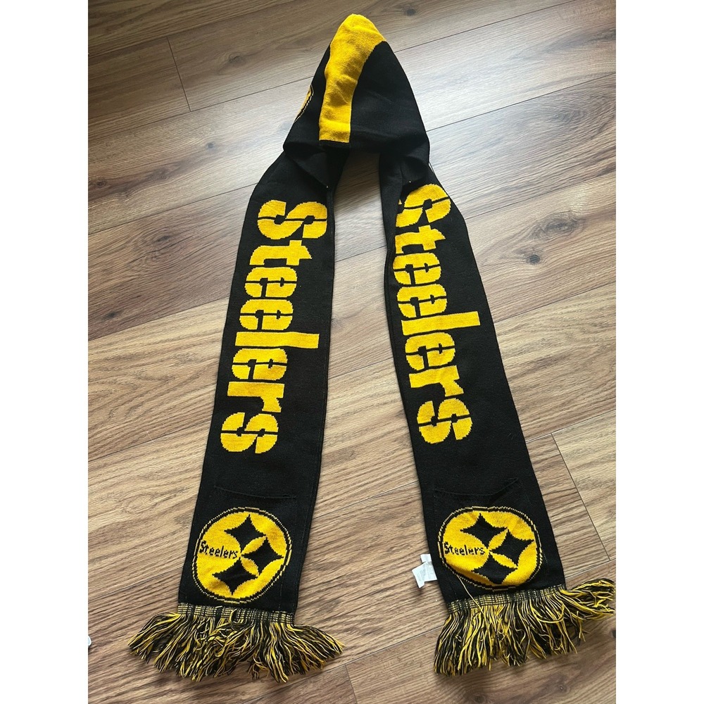 Pittsburgh Steelers FOCO Knit Hooded Scarf Black Gold Spellout Pockets NFL